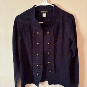 VENUS Blue Cardigan with Ribbed Knit and Stand-Up Collar